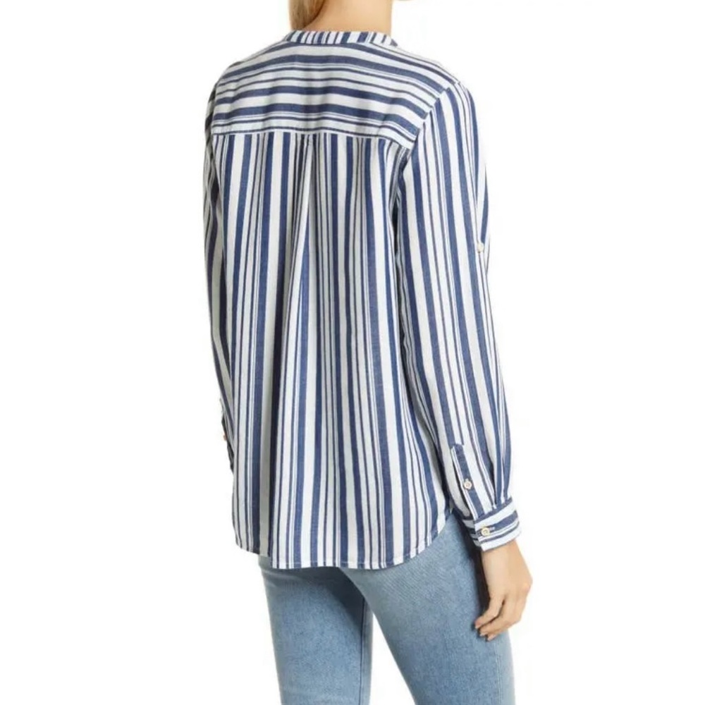 Tommy Bahama Blue White Striped Roll Tab Sleeve Shirt Women XS Casual Top - Picture 4 of 13